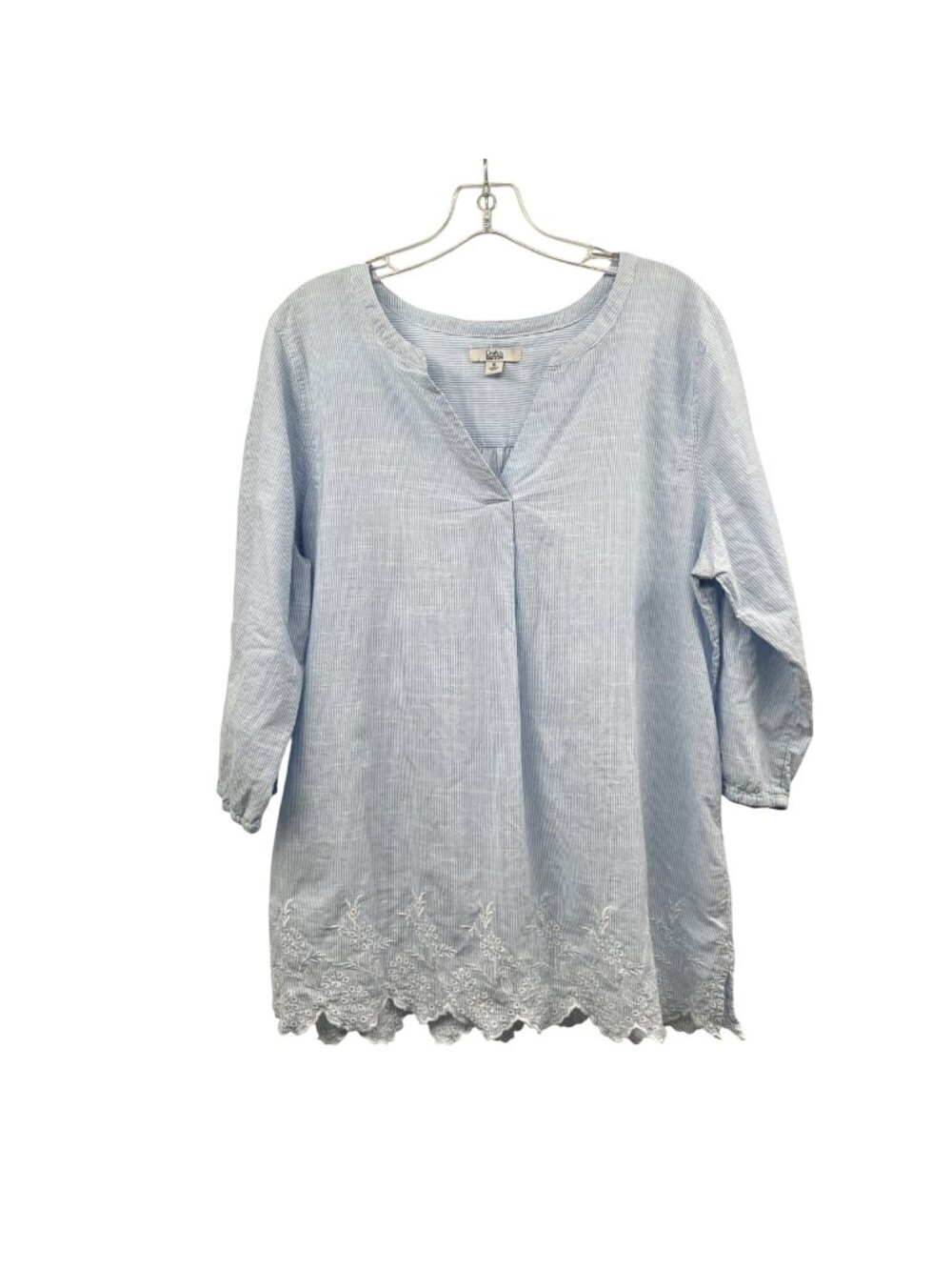 Croft & Barrow Womens Striped Popover Top Blue/White 3/4 Sleeve Embroidered XL
